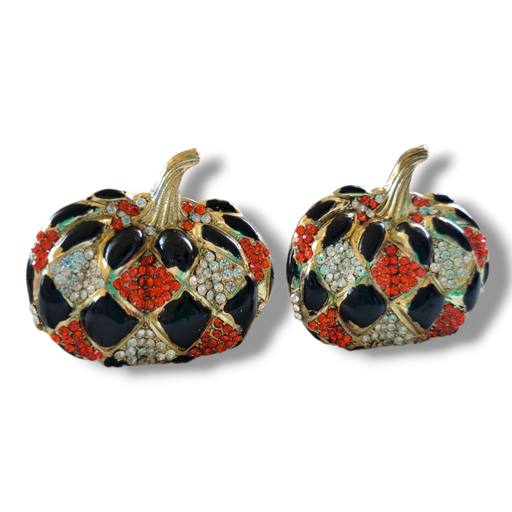 Tahari | Gold Tone Harlequin Rhinestone Pumpkin Napkin Holders (2 pc) - Picture 3 of 10